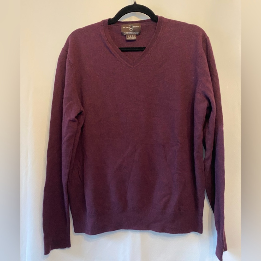 Black Brown Men's Burgundy 100% Extrafine Merino Wool V-Neck Knit Sweater XL